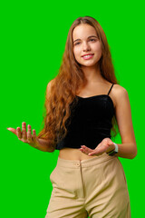 Smiling Young Woman in Black Top and Tan Pants Portrait