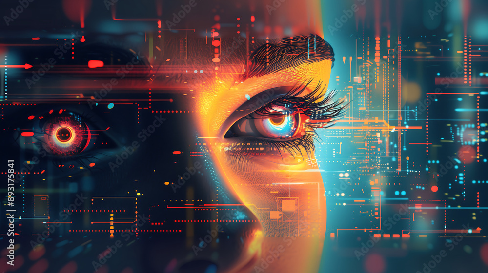 Poster close-up of a human eye integrated with digital elements representing advanced ai and technology hig