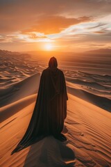 Majestic Desert Sunrise with Lone Hooded Figure Overlooking Sand Dunes