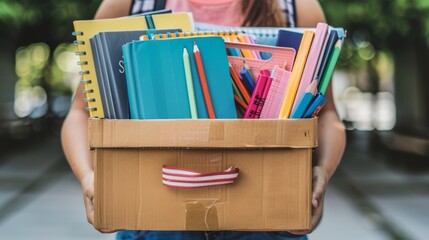 A woman holds a donation box filled with school supplies like books, pencils, and backpacks. It's a way to help people who need school supplies.