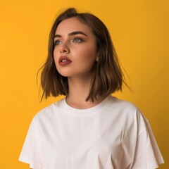 Fototapeta premium young model wearing a plain white t-shirt on a yellow studio background - fashion mock-up template