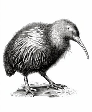 recommend clip art: Black and white Vintage engraved art of a kiwi isolated on white background, ink sketch illustration, simple vector art design, highly detailed line art, high contrasty. 