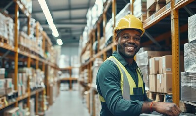 A cheerful warehouse worker wearing safety gear handles packages with a smile, embodying efficiency, dedication, and the dynamics of industrial logistics in a modern facility