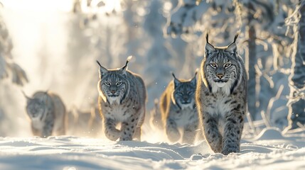 A Group of Lynx Walking in the Snow on a Sunny Day With Trees in the Background - Generative AI