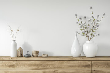 Luxury property interiors composition with minimal furniture made of wood and copy space. Rustic realty conceptual image in neutral colors.