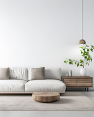 Luxury property interiors composition with minimal furniture made of wood and copy space. Rustic realty conceptual image in neutral colors.