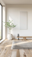 Luxury property interiors composition with minimal furniture made of wood and copy space. Rustic realty conceptual image in neutral colors.