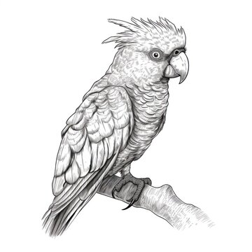 recommend clip art: Black and white Vintage engraved art of a cockatoo isolated on white background, ink sketch illustration, simple vector art design, highly detailed line art, high contrasty. 