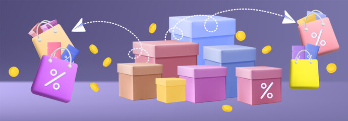 Bag 3d shipping, ecommerce. Flying bag, coupons, coin. Delivery of promotional offer, low interest rates. Vouchers with profitable bonuses, gift in a bag. Online shipping, sale, shopping box. Vector.