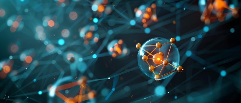 An illustration of John Dalton's atomic theory with symbolic representations of atoms, field of dept deep odject, all cover focus text, for spacecopy