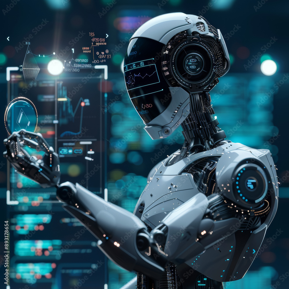 Poster virtual robot assistant using ai to help with business and technology. advanced 3d vector graphics.
