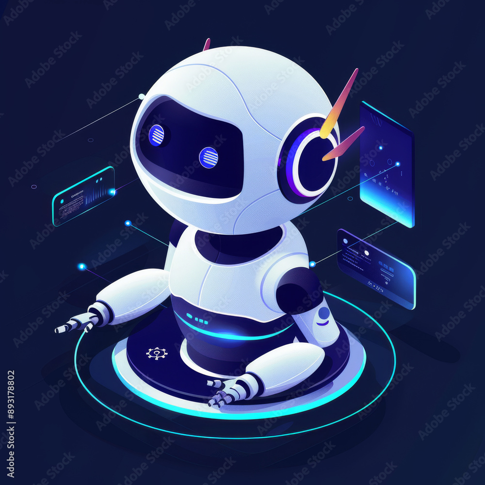 Poster virtual robot assistant using ai to help with business and technology. advanced 3d vector graphics.