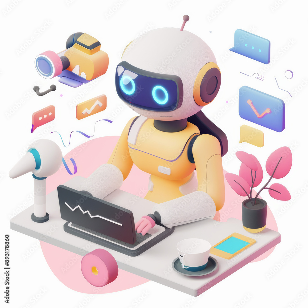 Poster virtual robot assistant using ai to help with business and technology. advanced 3d vector graphics.