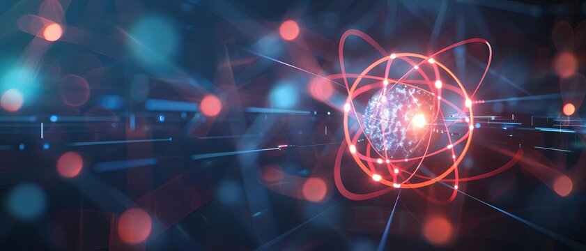 A captivating depiction of an atom surrounded by glowing particles, symbolizing energy and innovation in science and technology.