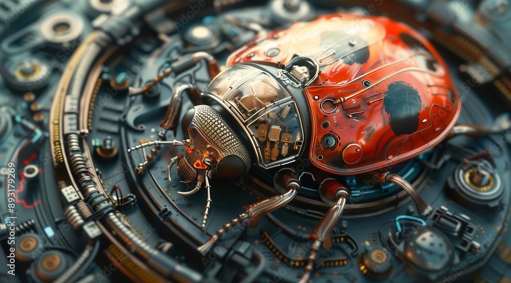 Poster a close-up of a cybernetic ladybug, a fusion of nature and technology. its metallic exoskeleton glea