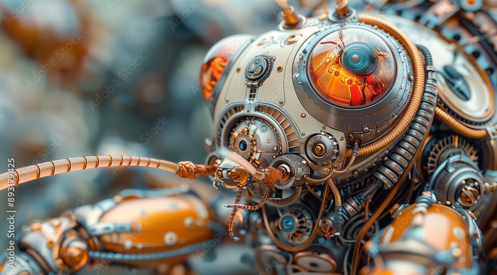 Poster close-up of a mechanical insect's head, featuring intricate details of gears, pipes, and a glowing o