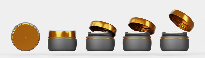 3d set of black cream jar with gold cap mockup front and top view. Realistic cosmetic plastic container with white skincare product, closed and open makeup or face cream package. 3D illustration