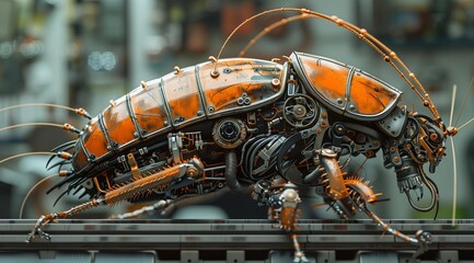 A detailed close-up of a steampunk-style insect. The insect is made of metal and gears, and it has a futuristic and industrial look. The insect is perched on a metal platform, and it has a sense of