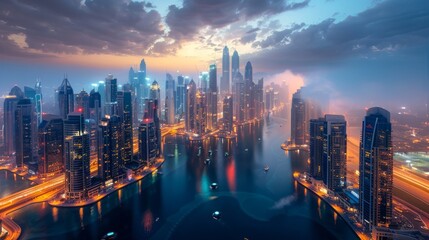 A City Skyline Lit up at Night With Boats on the Water and Buildings in the Distance - Generative AI