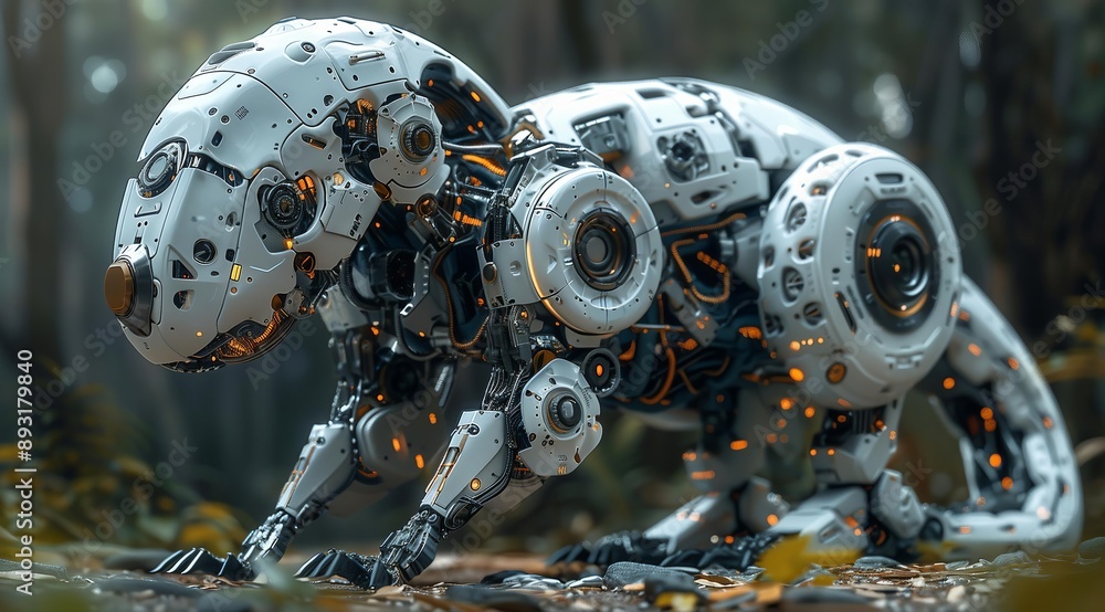 Poster a futuristic, cybernetic animal with glowing orange lights and a white, metallic exterior stands in 