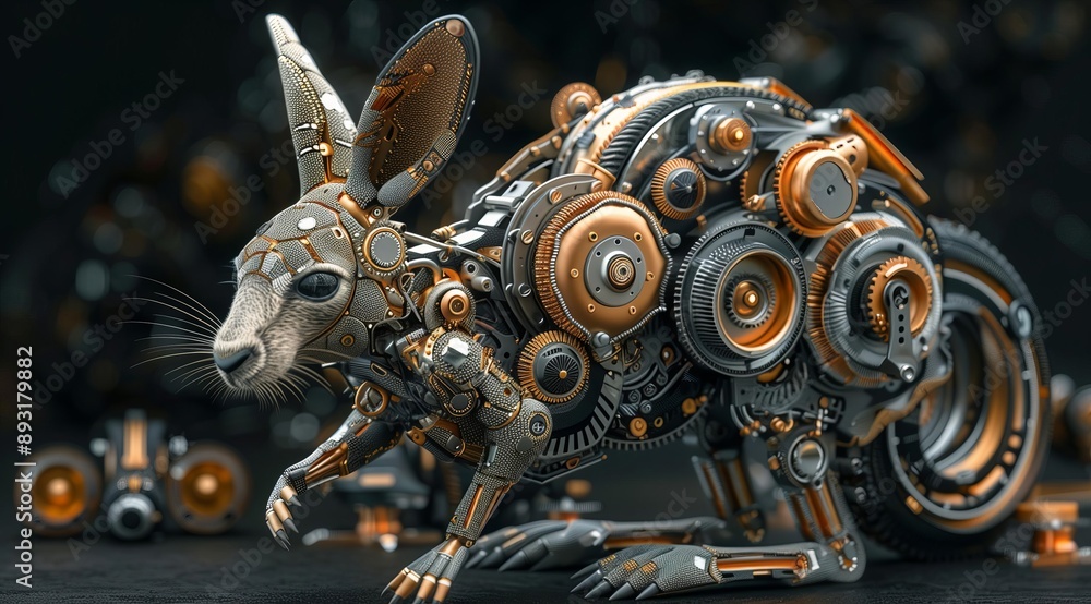 Poster This 3D rendering depicts a mechanical kangaroo made of metal gears and cogs. The intricate details and realistic textures bring the futuristic creature to life. The image represents the intersectio