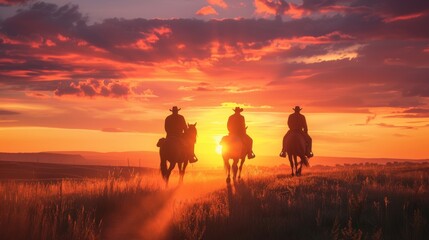 Fototapeta premium Cowboys on horseback, riding off into the sunset