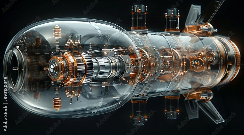 Poster A 3D render of a futuristic engine enclosed in a transparent casing. The engine is composed of intricate metal gears, cogs, and other mechanical components, highlighting a steampunk aesthetic. The i