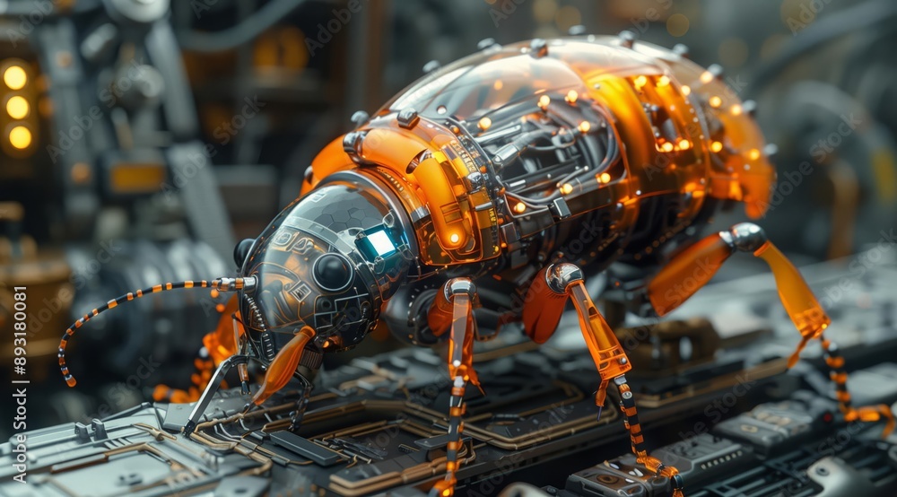 Poster a close-up of a futuristic orange robotic bug with glowing lights. the bug is standing on a metallic