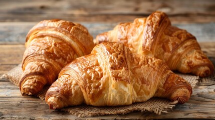 Crispy and warm croissants rest on a wooden table.