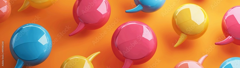 Poster glossy speech bubbles float in mid-air on a colorful gradient background.