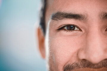 Vision, business and half portrait of man with mockup, confidence and professional with pride. Happy, eye and face of businessman with opportunity, growth and career development on blue background