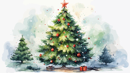 Christmas Tree Watercolor Background Illustration Vector.