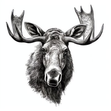 recommend clip art: Black and white Vintage engraved art of a portrait of a moose isolated on white background, ink sketch illustration, simple vector art design, highly detailed line art, high contrasty. 