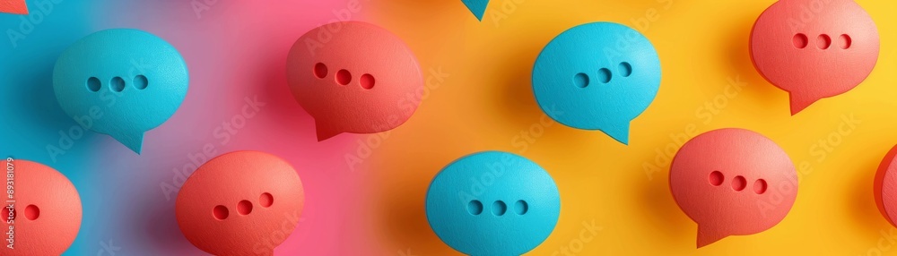 Poster a speech bubbles float in mid-air on a colorful gradient background.