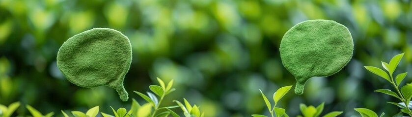 A green speech bubbles made of leaves.	