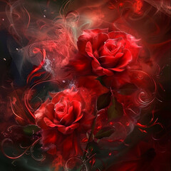 Vivid scarlet roses adorned with artistic flourishes