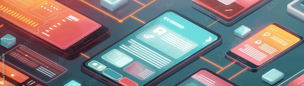 Poster a dynamic illustration of various digital devices and interfaces.