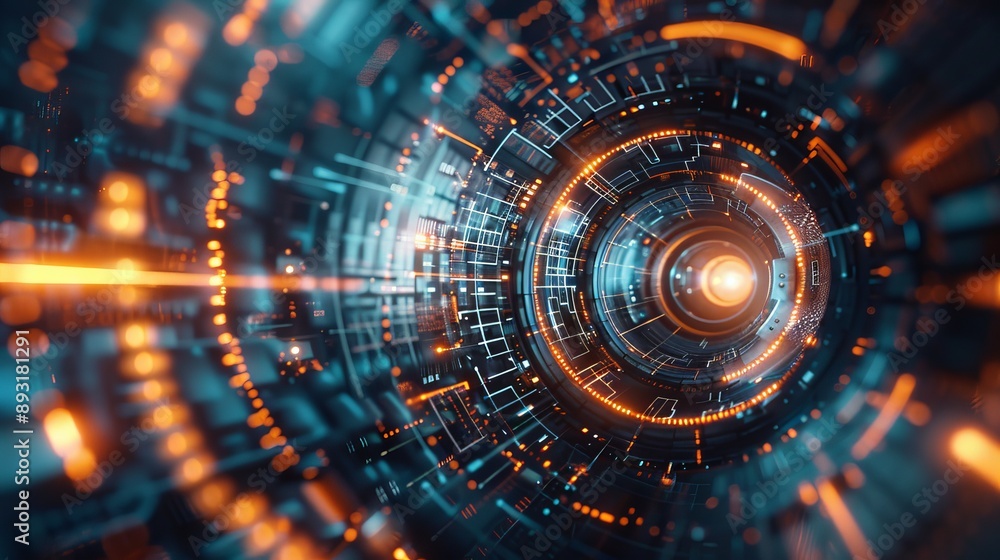 Poster futuristic, high-tech background features a circular, glowing orb emitting beams of light that orbit
