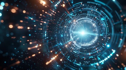 Futuristic, high-tech background features a circular, glowing orb emitting beams of light that orbit the center, creating a mesmerizing effect.