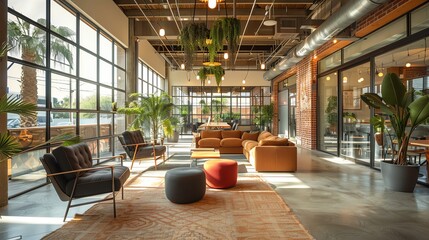 Modern coworking space with large windows, stylish furniture, and indoor plants providing an inspiring work environment.