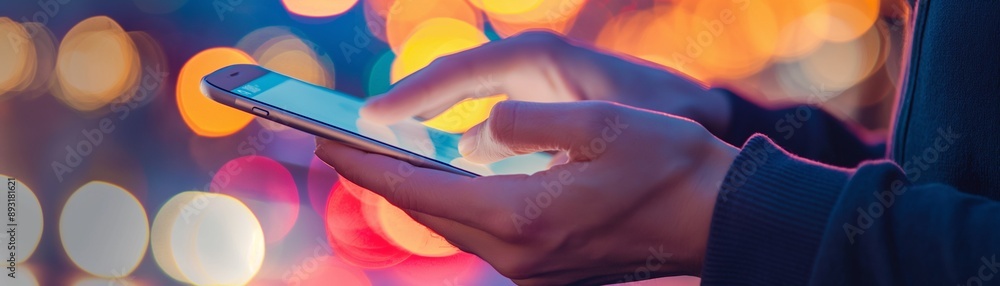 Poster a close-up of a person's hands holding a smartphone with a colorful abstract bokeh blurred backgroun