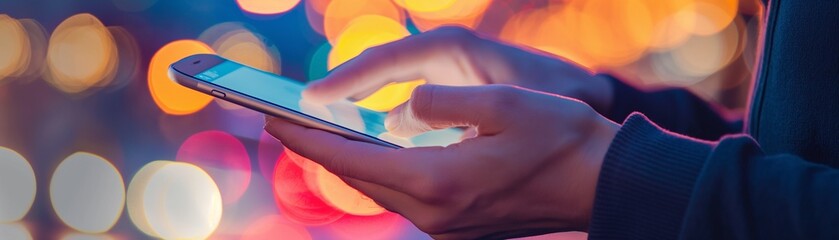 A close-up of a person's hands holding a smartphone with a colorful abstract bokeh blurred background.