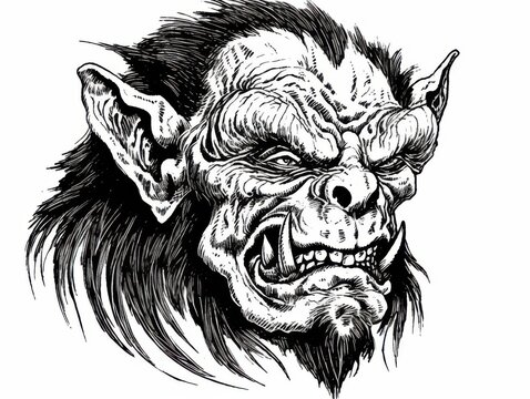 recommend clip art: Black and white Vintage engraved art of a hobgoblin isolated on white background, ink sketch illustration, simple vector art design, highly detailed line art, high contrasty 