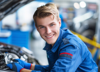 Begeisterter junger Mann macht Ausbildung zum Kfz Mechaniker