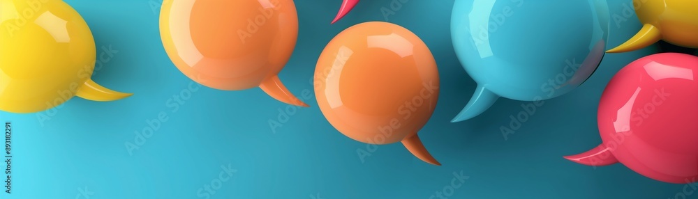 Poster glossy speech bubbles float in mid-air on a colorful gradient background.
