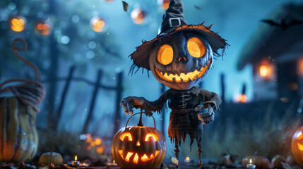 Spooky Halloween Night - Realistic Scene with Character in Costume Holding Carved Pumpkin in Eerie Lighting