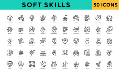 Soft skills icon set with communication, collaboration, creativity, problem solving, adaptability, leadership, teamwork, time management, decision making, empathy icon. Simple line vector 
