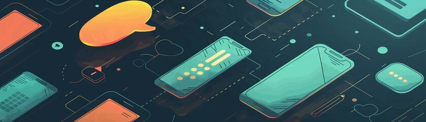 A dynamic illustration of various digital devices and interfaces.