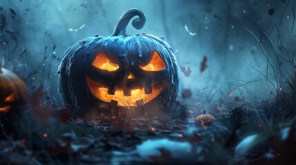 Naklejka premium Haunting Halloween Night: Detailed Atmosphere with Spooky Character and Glowing Pumpkin