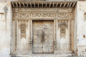 Fototapeta premium rustic wooden single door with intricate carvings, painted in a soft white color,